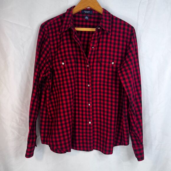 Chaps Red Black Gingham Plaid Button Front Long Sleeve Flannel Shirt Size XL - Picture 10 of 10